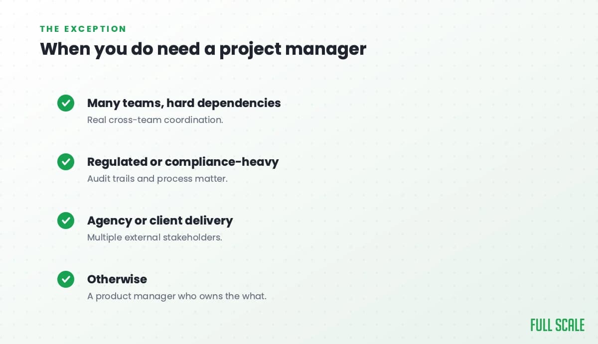 When you do actually need a project manager: many teams with hard dependencies, regulated or compliance-heavy work, or agency and client delivery with multiple stakeholders; otherwise, you need a product manager who owns the what.