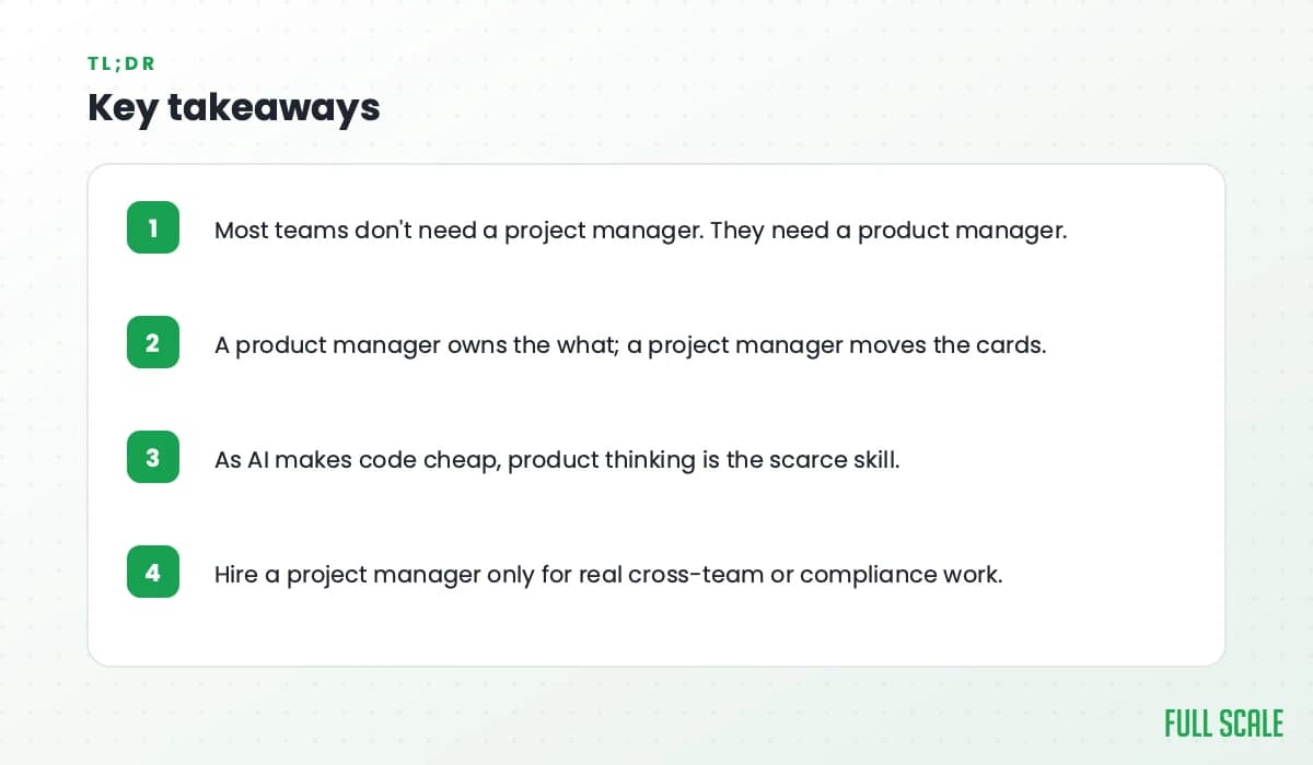 Key takeaways: most teams don't need a project manager, they need a product manager; a product manager owns the what while a project manager moves the cards; as AI makes code cheap, product thinking is the scarce skill; hire a project manager only for real cross-team or compliance work.