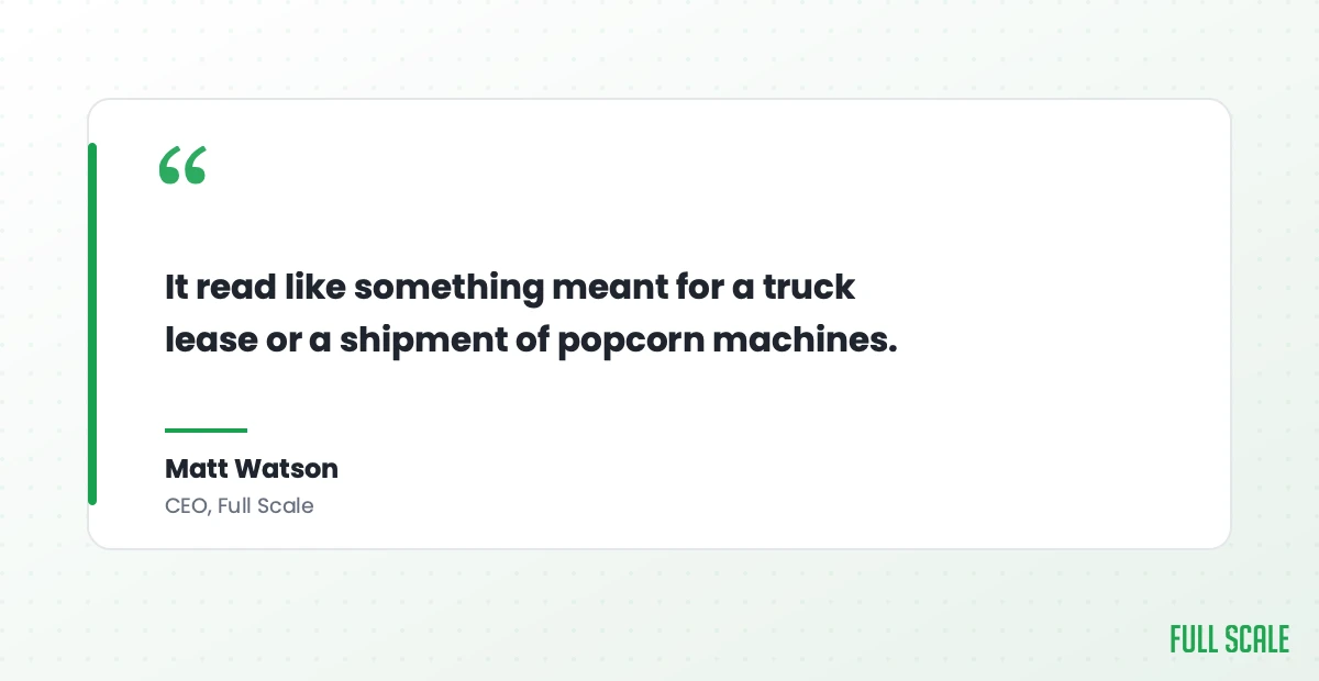 Pull quote: the vendor contract read like something meant for a truck lease or a shipment of popcorn machines