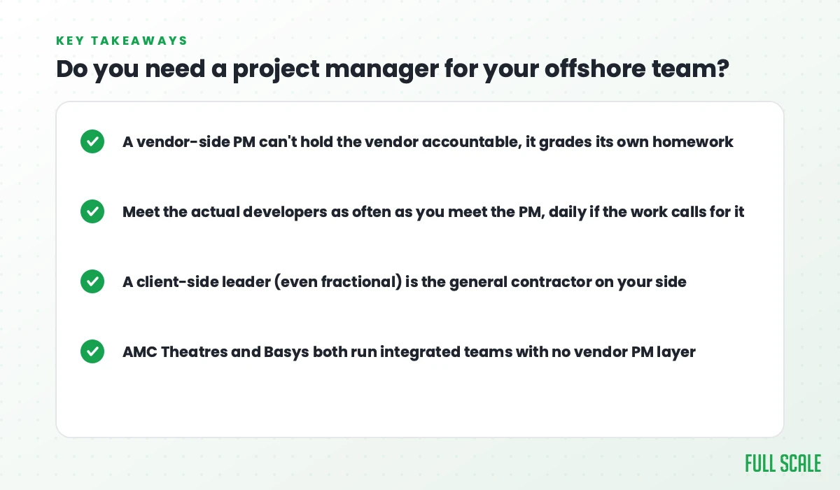 Key takeaways: a vendor-side PM can't hold the vendor accountable, it grades its own homework. Meet the actual developers as often as you meet the PM, daily if the work calls for it. A client-side leader, even fractional, is the general contractor on your side. AMC Theatres and Basys both run integrated teams with no vendor PM layer.