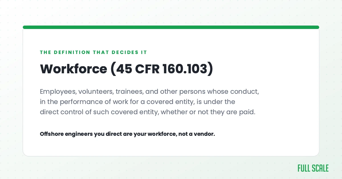 Definition card for workforce under 45 CFR 160.103: employees, volunteers, trainees, and other persons whose conduct, in the performance of work for a covered entity, is under the direct control of such covered entity, whether or not they are paid.