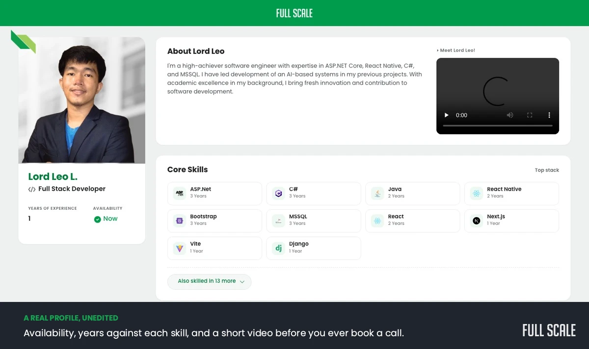 A live Full Scale developer profile showing the engineer's photo, a short intro video, availability status, and core skills each labelled with years of experience