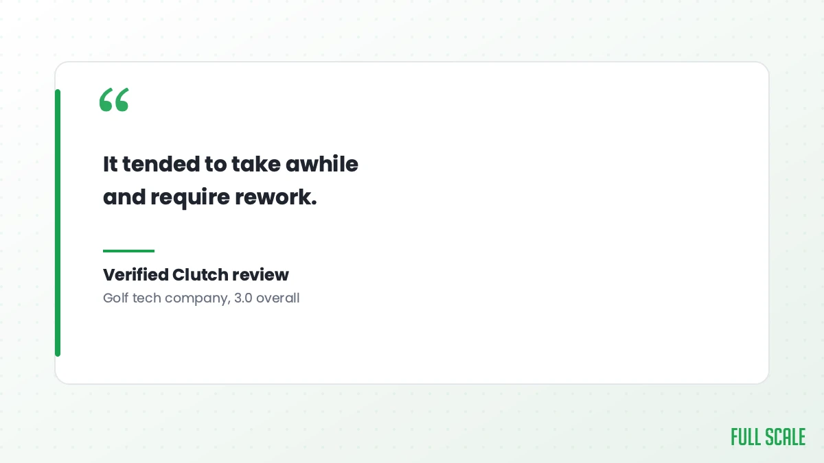Pull quote from a verified Clutch review, golf tech company, 3.0 overall rating: It tended to take awhile and require rework