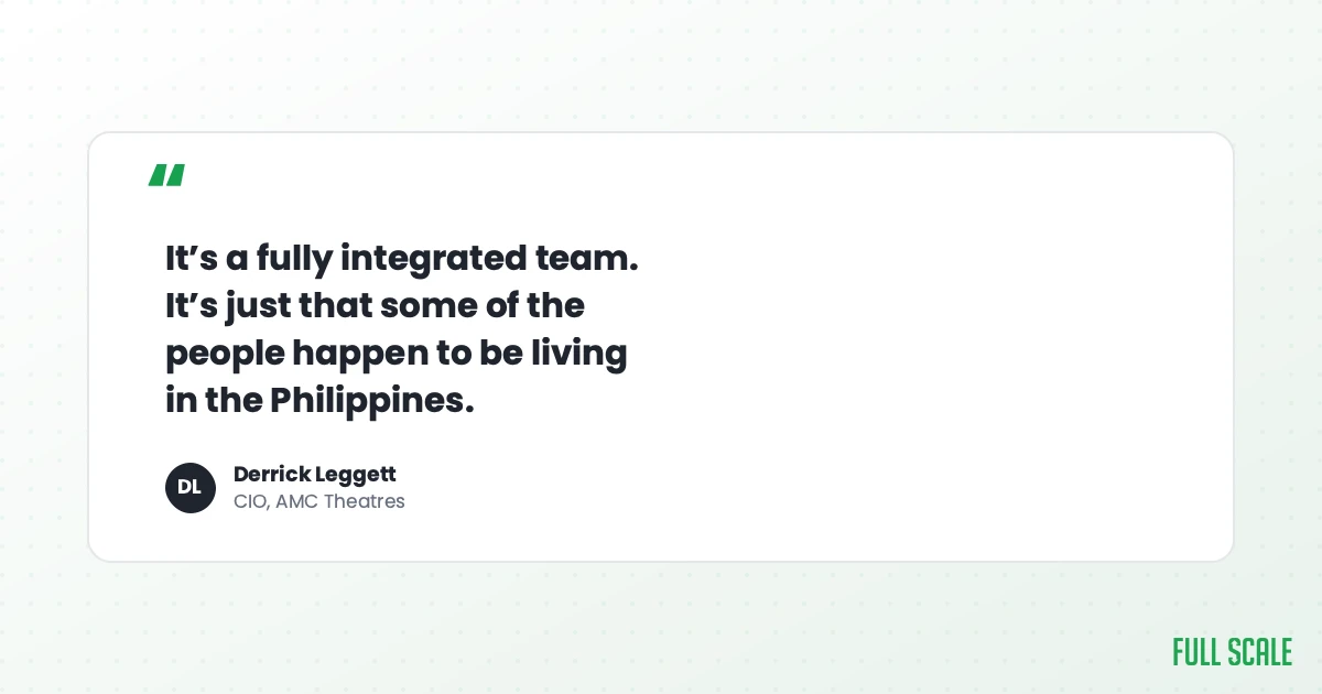 Pull quote from Derrick Leggett, CIO of AMC Theatres: it's a fully integrated team, it's just that some of the people happen to be living in the Philippines
