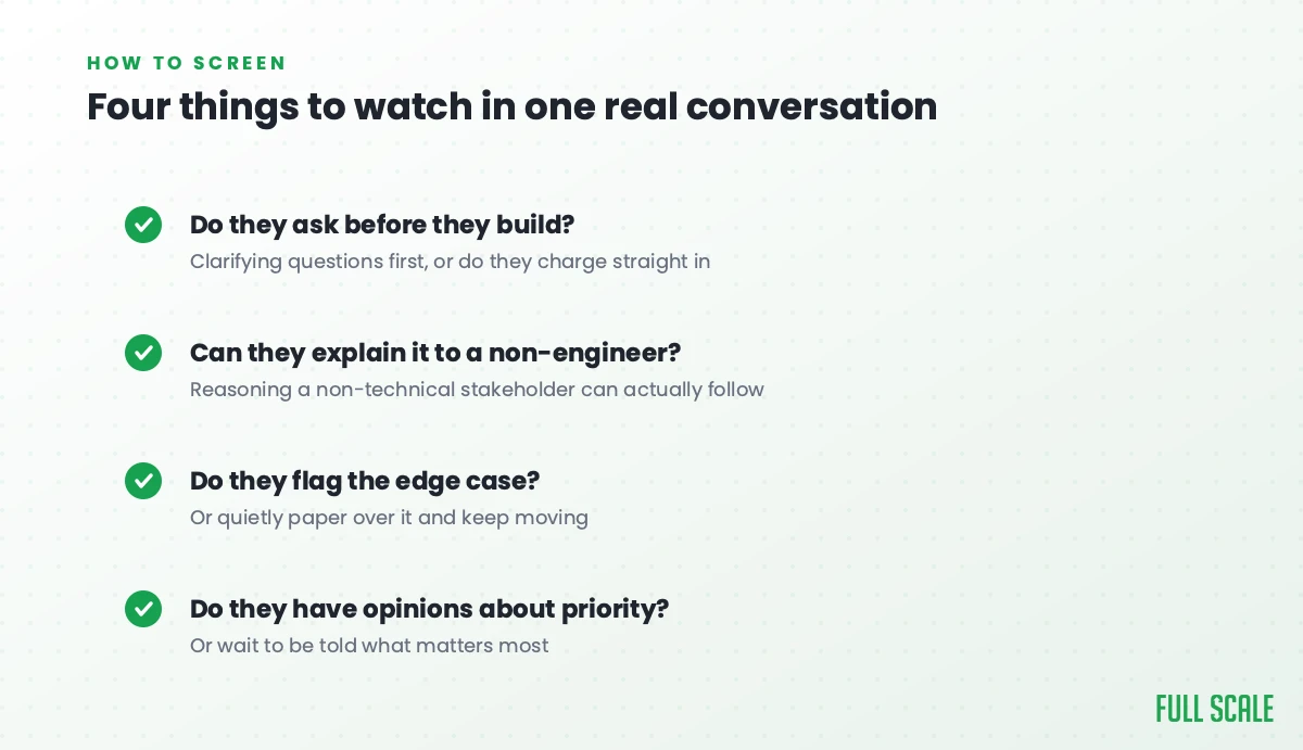 Four things to watch for in one real screening conversation with a developer candidate