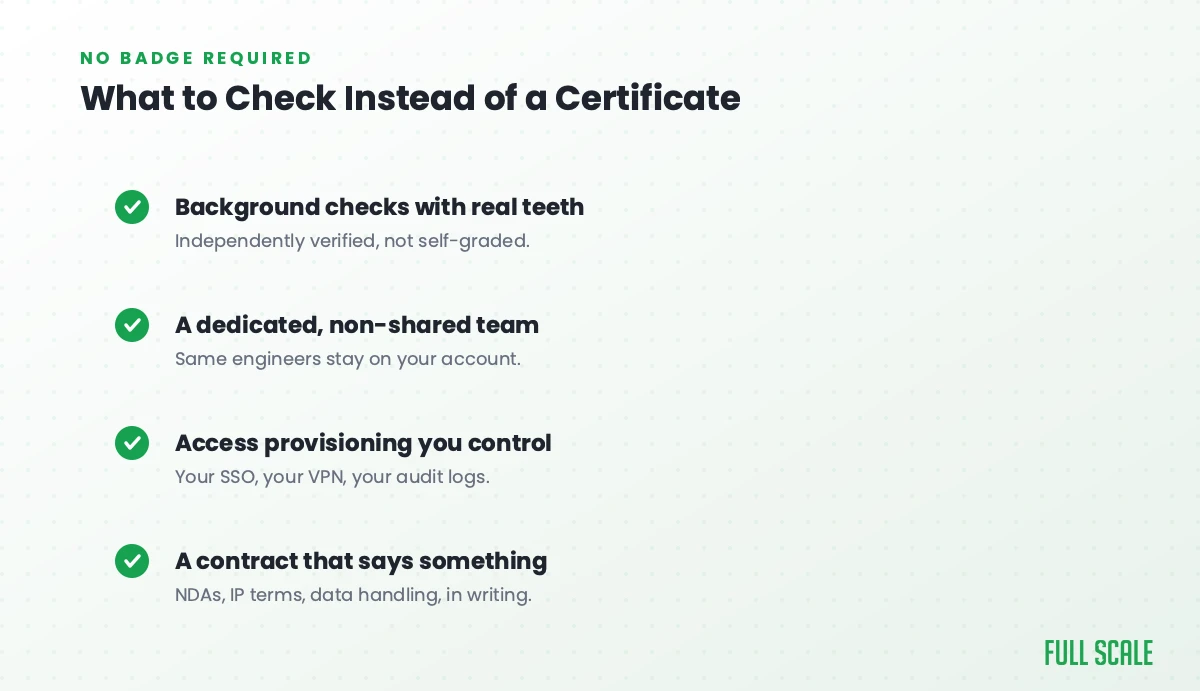 Checklist: what to check instead of a SOC 2 certificate, background checks with real teeth, a dedicated non-shared team, access provisioning you control, and a contract that says something