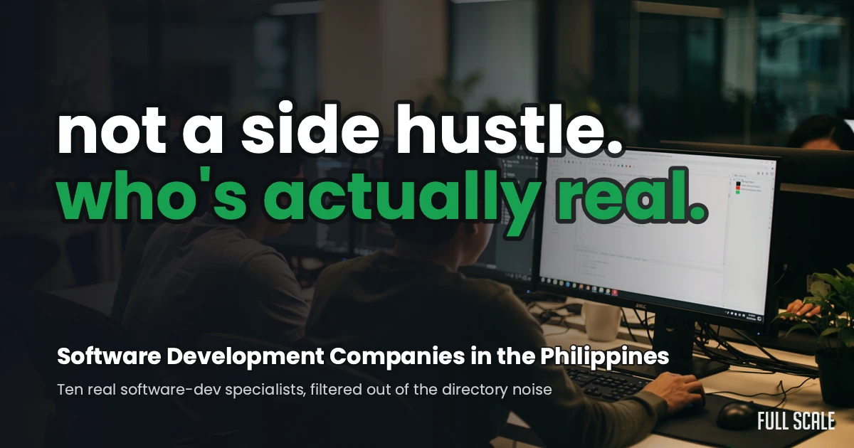 Two people work at computer desks in an office, with text promoting real software developers in the Philippines and the Full Scale brand logo in the corner.