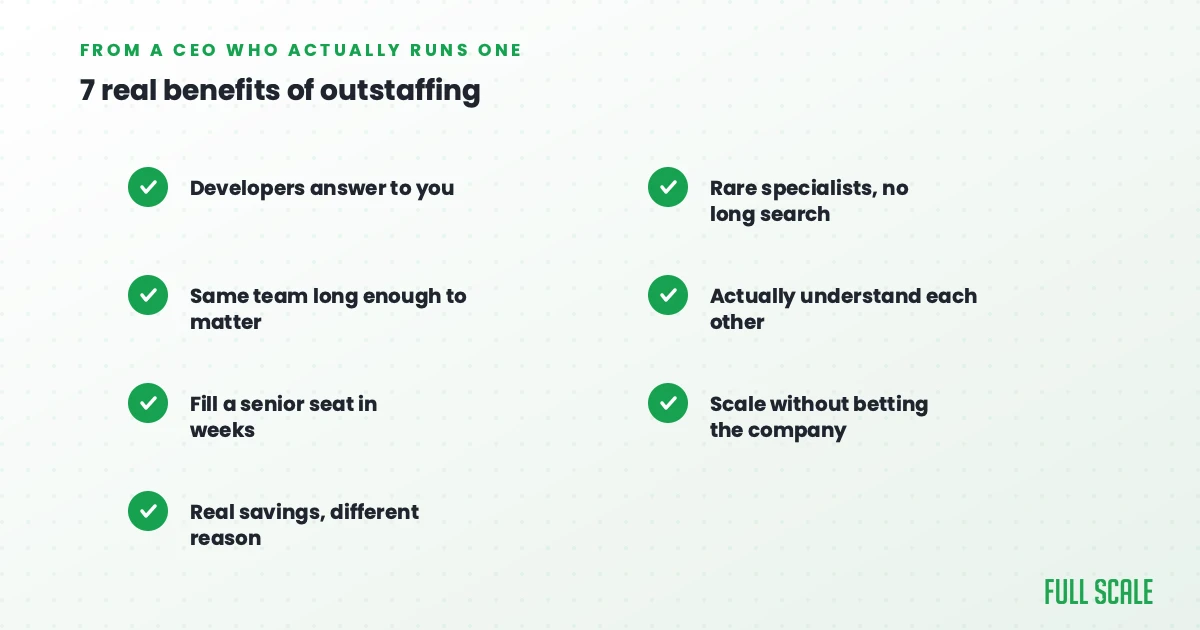7 real benefits of outstaffing from a CEO who runs one: developers answer to you, same team stays, fill a senior seat in weeks, real savings, Full Scale