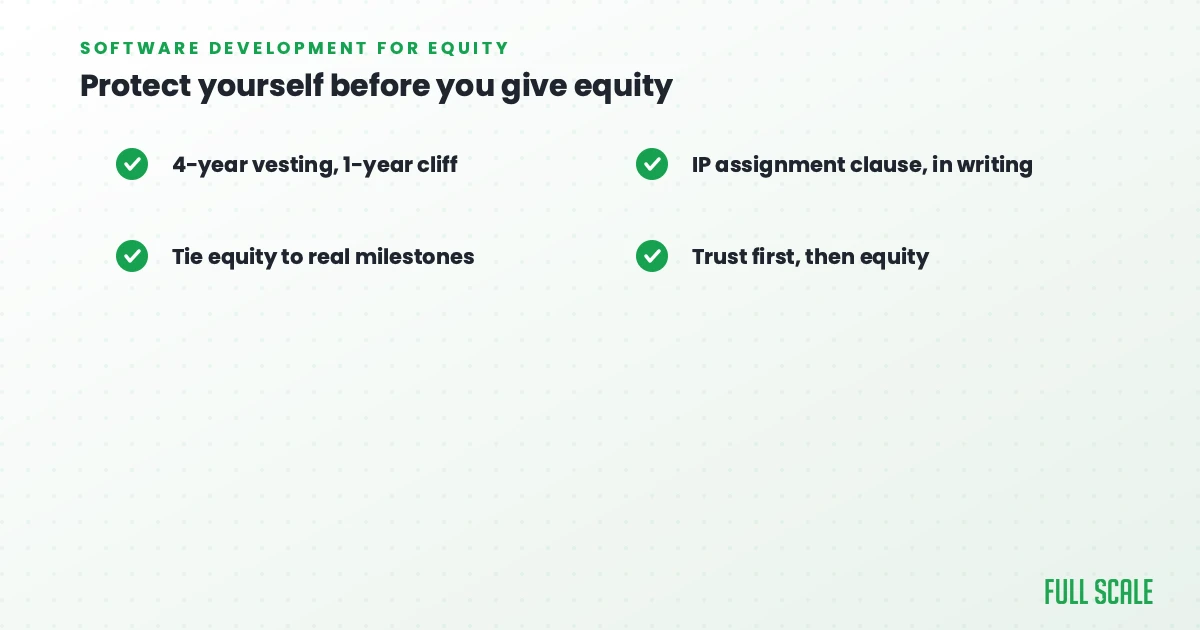 Slide titled “Protect yourself before you give equity” lists best practices for equity: vesting, IP assignment, milestone-based equity, and prioritizing trust.