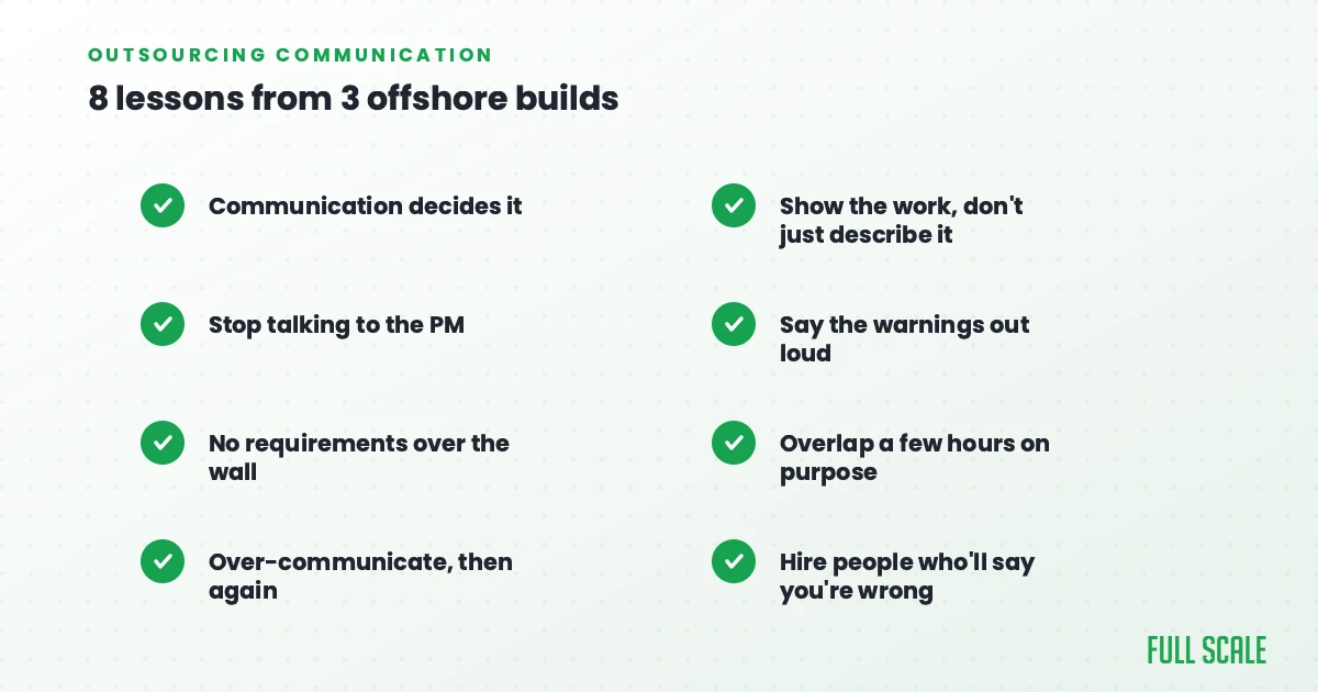 8 lessons from 3 offshore builds on outsourcing communication: stop talking to the PM, no requirements over the wall, over-communicate, show the work, Full Scale
